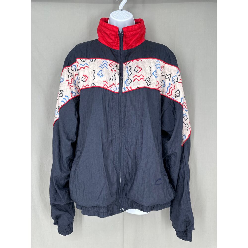 90s Vintage Jacket Womens Large Navy Blue Windbreaker Red Full Zip Retro Funnel - Picture 1 of 6